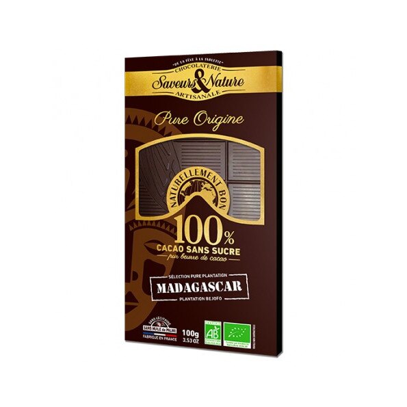 Ciocolata bio 100% cacao Madagascar fara zahar, Saveurs & Nature, 100g