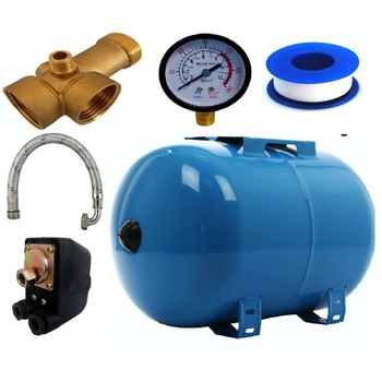 Kit accesorii hidrofor, vas expansiune 50L otel, presostat, manometru, racord 5 cai bronz, furtun racord inox cu cot 60cm Kit accesorii hidrofor, vas expansiune 50L otel, presostat, manometru, racord 5 cai bronz, furtun racord inox cu cot 60cm