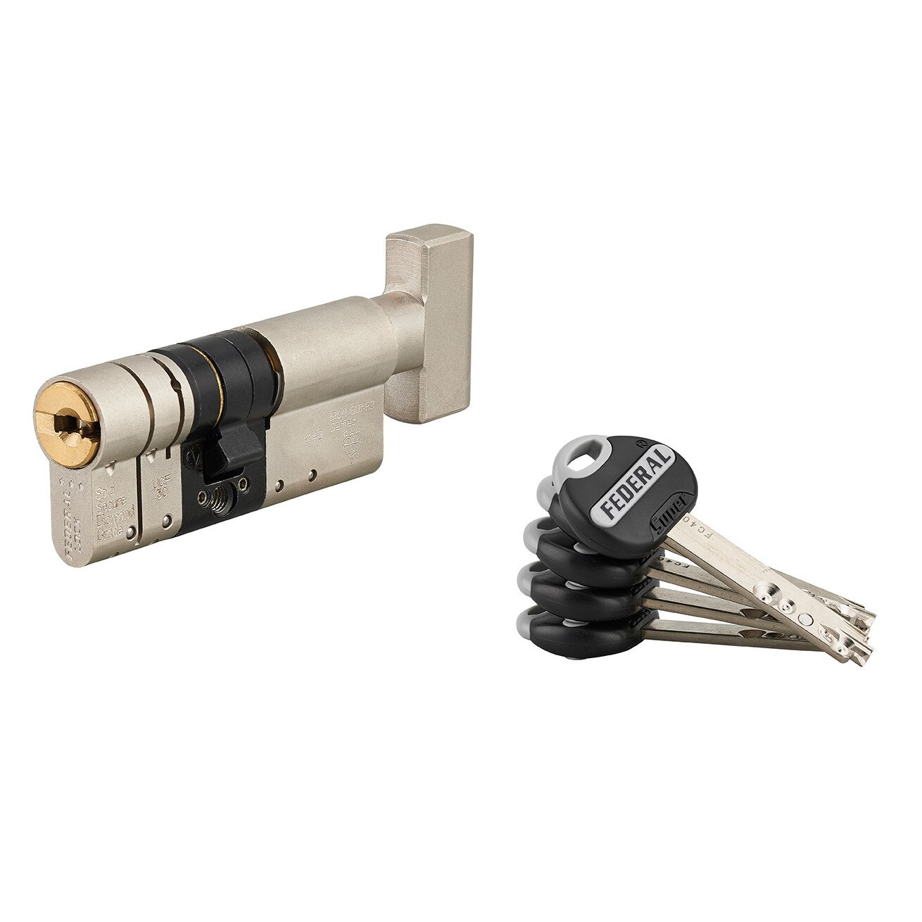 Cilindru cu buton de inalta siguranta Thirard „Federal 2” 32 x 42 mm, cu finisaj nichel mat, mecanism cu 3 sau 4 pini telescopici dubli, 5 chei reversibile si card proprietate