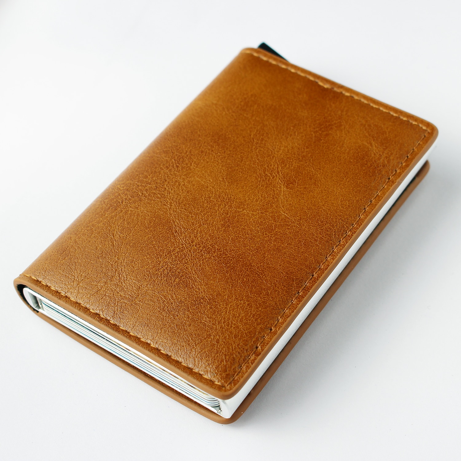 Portofel pliabil Lerods din piele cu portcard slim din aluminiu, minimalist, protectie RFID, culoare maro