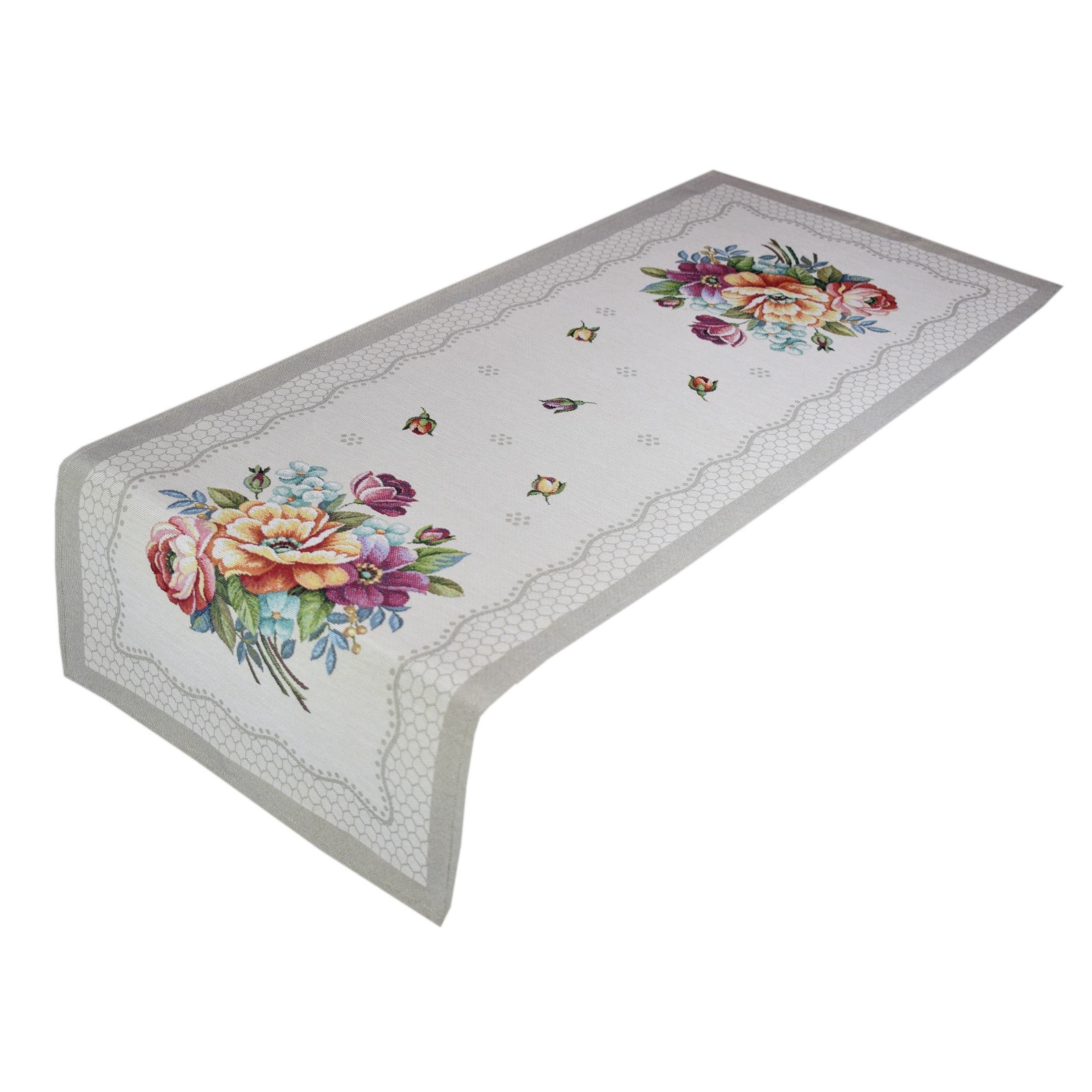 Traversa cu tesatura tip goblen, Casa de bumbac, 40x100 cm, bujori si dantela