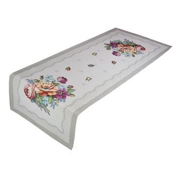 Traversa cu tesatura tip goblen, Casa de bumbac, 40x100 cm, bujori si dantela Traversa cu tesatura tip goblen, Casa de bumbac, 40x100 cm, bujori si dantela