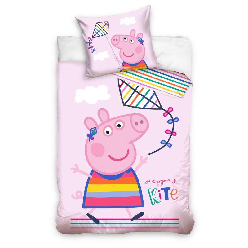 Set lenjerie de pat pentru copii, Peppa Pig Kite, Husa pilota 100x135 cm, Husa perna 40x60 cm, Bumbac 100%, Multicolor
