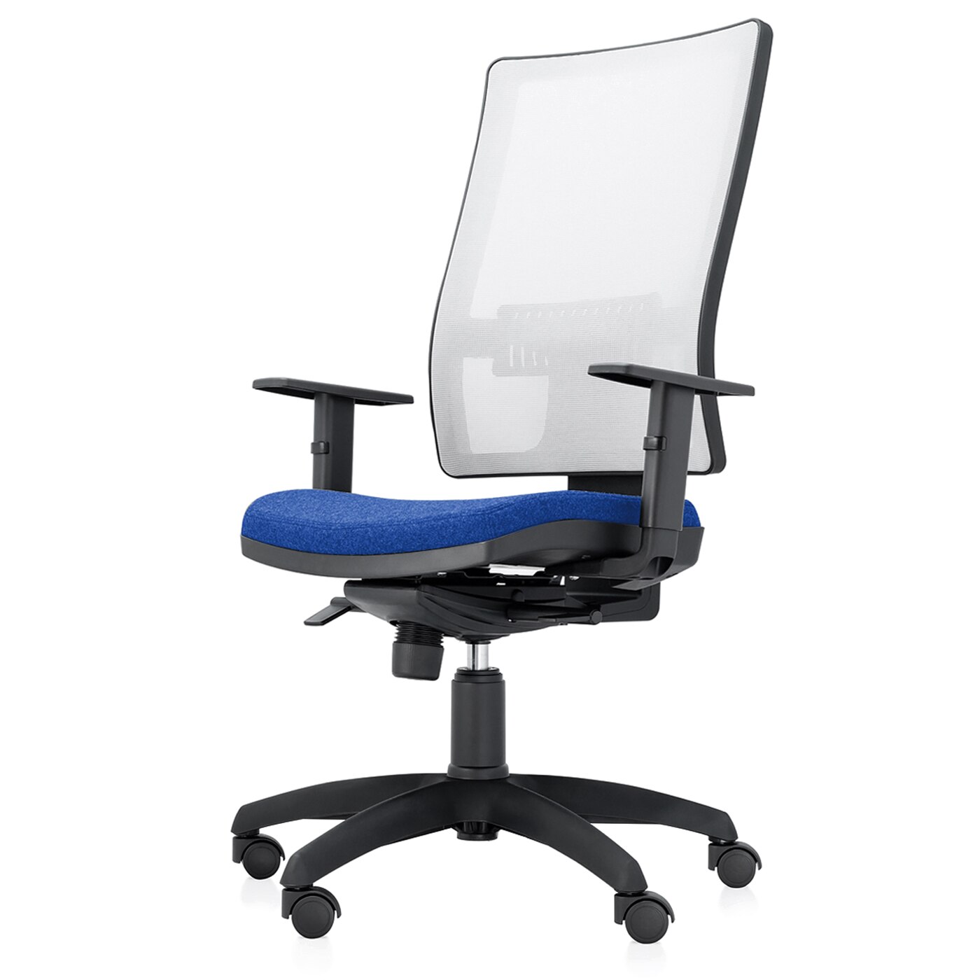 Scaun ergonomic de birou TRAFFIC CHAIRS RONDO ECO, sezut textil ALBASTRU, spatar reglabil pe inaltime, mesh ALB, brate reglabile, mecanism multiblock, suport lombar reglabil