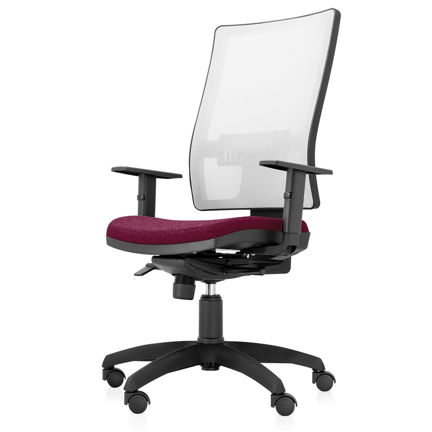 Scaun ergonomic de birou TRAFFIC CHAIRS RONDO ECO, sezut textil BORDO, spatar reglabil pe inaltime, mesh ALB, brate reglabile, mecanism multiblock, suport lombar reglabil