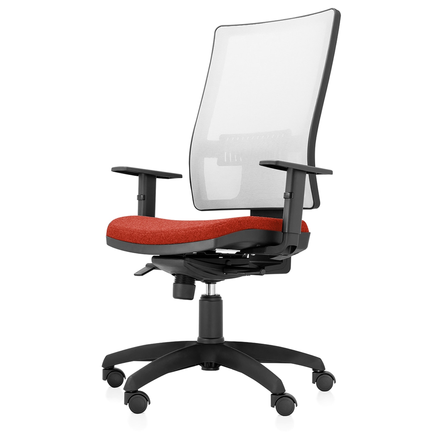Scaun ergonomic de birou TRAFFIC CHAIRS RONDO ECO, sezut textil PORTOCALIU INCHIS, spatar reglabil pe inaltime, mesh ALB, brate reglabile, mecanism multiblock, suport lombar reglabil