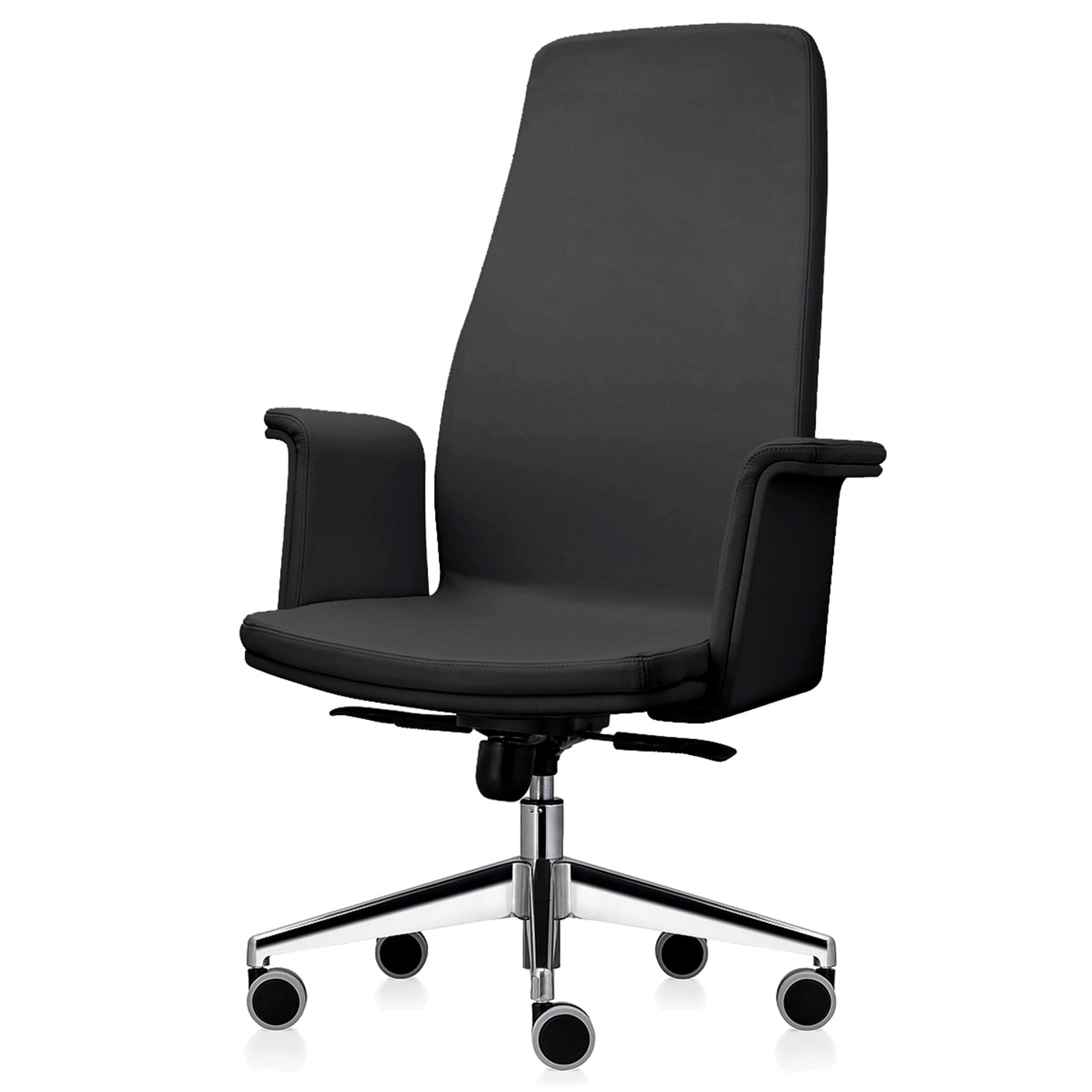 Scaun directorial de birou TRAFFIC CHAIRS SILI, NEGRU, piele naturala, brate tapitate piele naturala, baza ALUMINIU, mecanism multiblock, role gumate mari