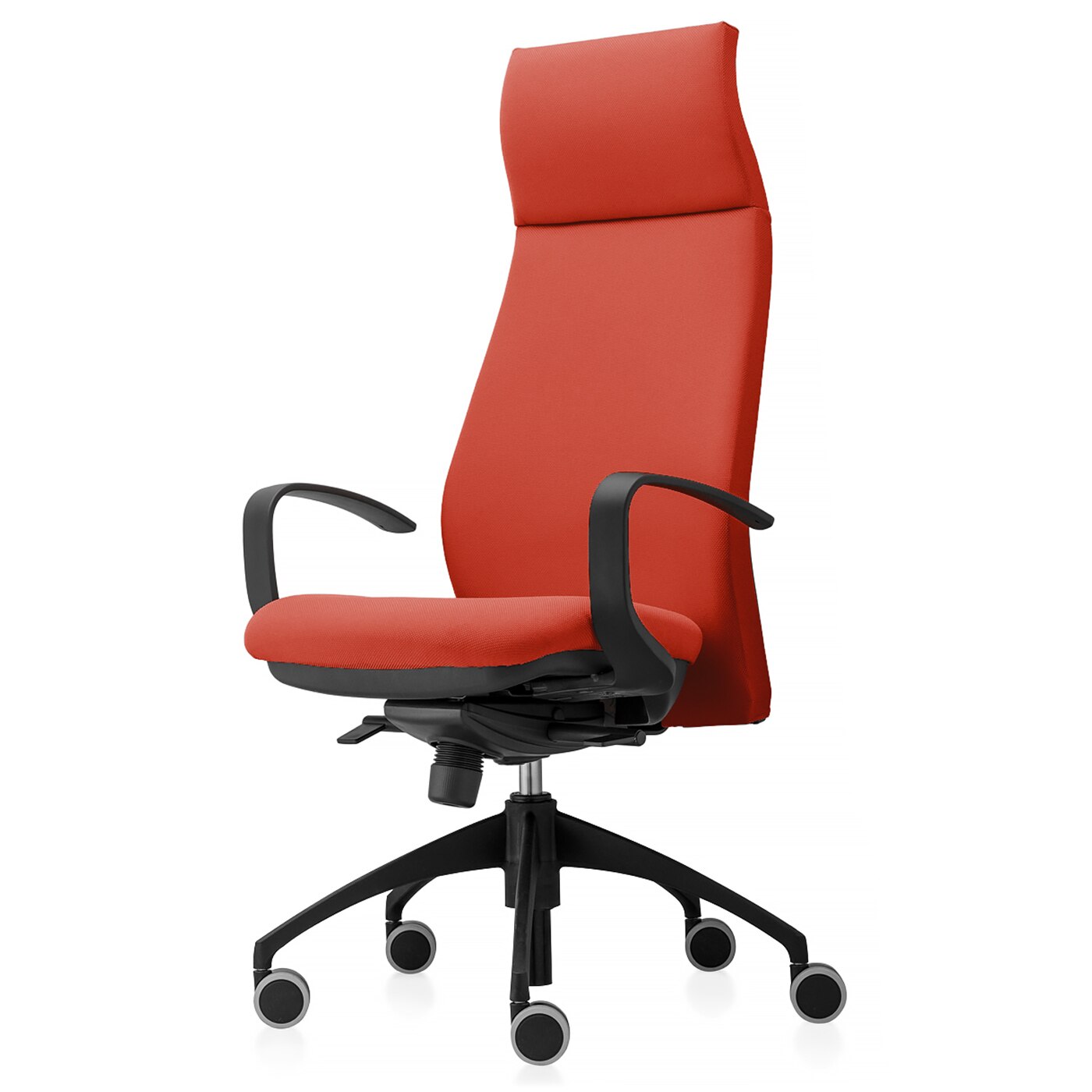 Scaun ergonomic de birou TRAFFIC CHAIRS LONG, sezut si spatar tapitat textil, PORTOCALIU INCHIS, spatar reglabil pe inaltime, tetiera incorporata in spatar, mecanism multiblock, role gumate mari