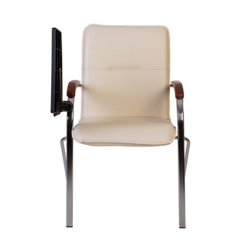 Scaun de vizitator SAMBA T plast, cu masuta rabatabila, brate din lemn, piele ecologica, crem Scaun de vizitator SAMBA T plast, cu masuta rabatabila, brate din lemn, piele ecologica, crem