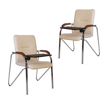 Set 2 scaune de vizitator SAMBA T plast, cu masuta rabatabila, brate din lemn, piele ecologica, crem