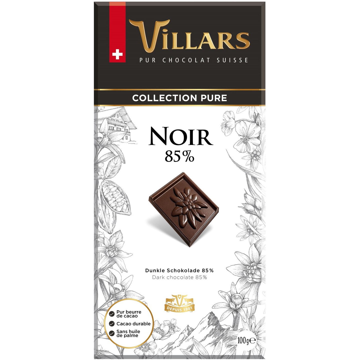 Ciocolata neagra 85% cacao Villars Pure Noir, 100g