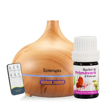 Set Difuzor de aromaterapie Aroma Vulcano II si ulei esential, Ecoterapia, cu ultrasunete, telecomanda, lemn natur, 550 ml Set Difuzor de aromaterapie Aroma Vulcano II si ulei esential, Ecoterapia, cu ultrasunete, telecomanda, lemn natur, 550 ml