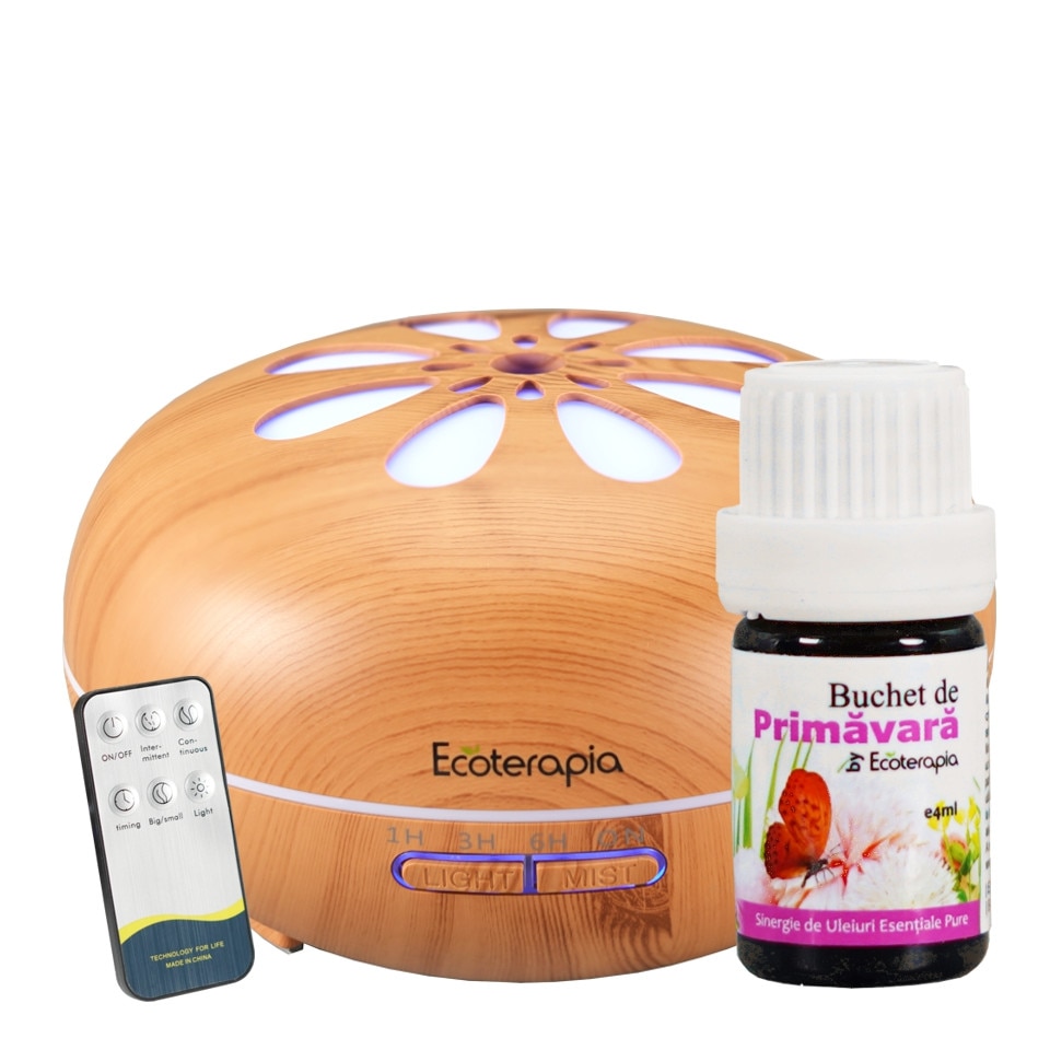 Set Difuzor de aromaterapie Blessing Dew si esential, Ecoterapia, cu ultrasunete, telecomanda, lemn natur, ml - eMAG.ro