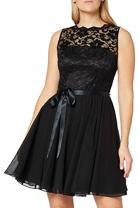 Дамска рокля Swing, Сатенен колан, Дантела,, Матово черно, XL