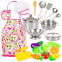 set vase si ustensile pentru gatit kindervibe include 23 de piese si cutie de depozitare cu sort si boneta de bucatar vase metalice legume si tocator multicolor imagen 20_0_
0