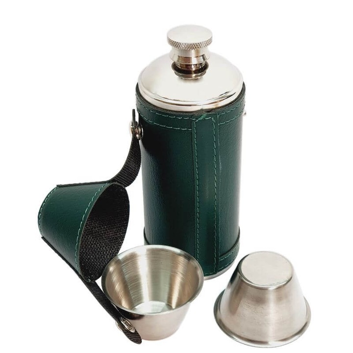 Манерка Eleon 22192, 240ml, джобна бутилка цилиндър с 2бр чашки и кожа, зелена