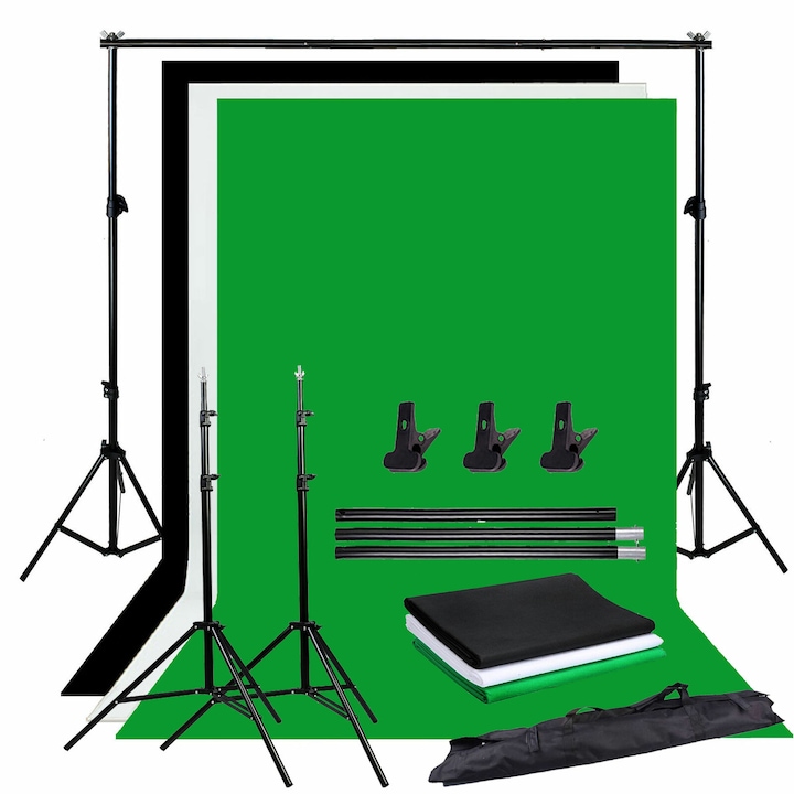 Kit Foto Studio Background, include 4 fundaluri multicolore, 3 x cleme, fundal verde, geanta de transport