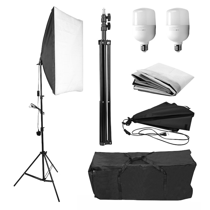 Kit studio foto, Softbox cu suport bec E27, suport luminos, 2 x bec de 25 W, include sac de transport