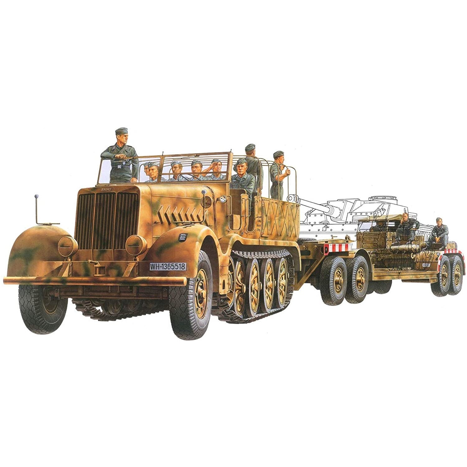 Kit de construit camion militar SdKfz.9 Famo cu trailer transportor si 12 figurine 1:35