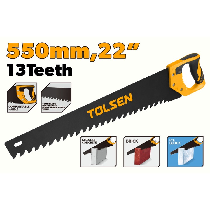 Ferastrau Zidarie 550 mm TOLSEN, Lama 13TPI 65Mn, Dinti Carbura, Maner Plastic 2 Componente, Ideal pentru Beton Cellular, Caramida, Bloc de Gheata, rezistenta maxima la uzura, taiere in materiale abrazive, maner ergonomic, durabilitate ridicata