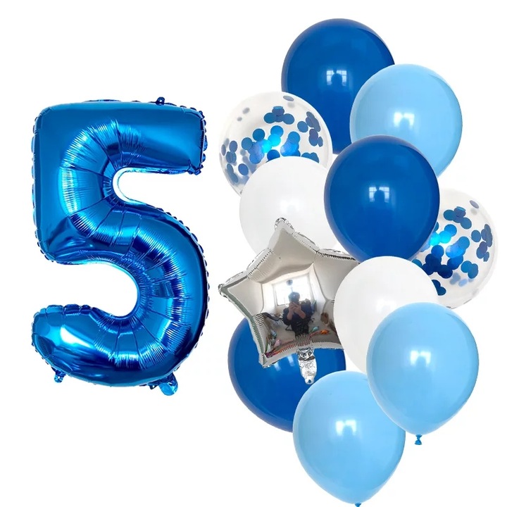 Комплект от 12 балона за 5 години, момче, син цвят, Време е за парти
