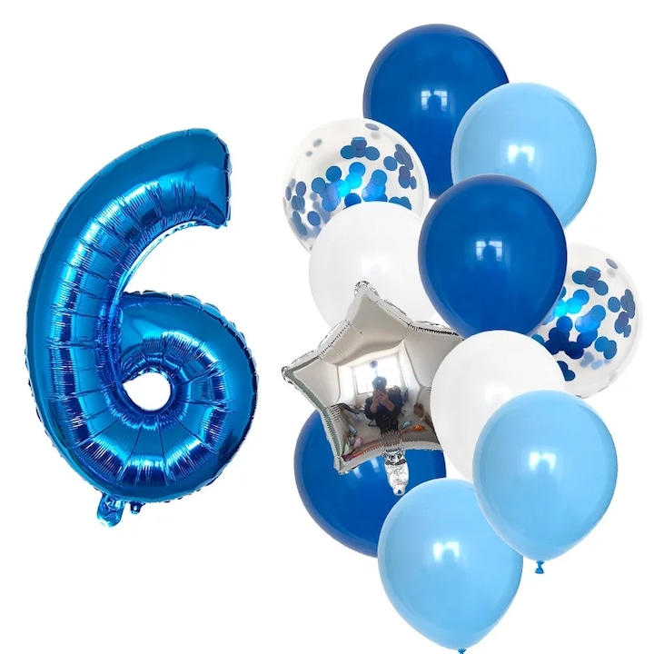 Комплект от 12 балона за рожден ден 6 години, момче, син цвят, Време е за парти