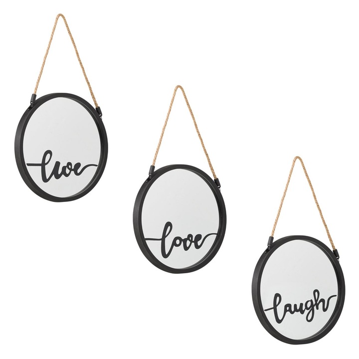 Set 3 oglinzi Ramdeco, imprimeu Love Live Laugh, negru, 25cm