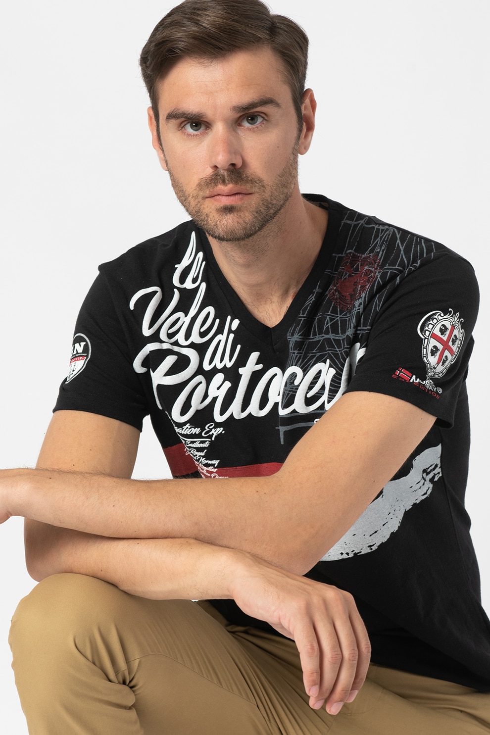 Geographical Norway, Tricou de bumbac cu imprimeuri diverse Jingsley, Negru/Alb, M