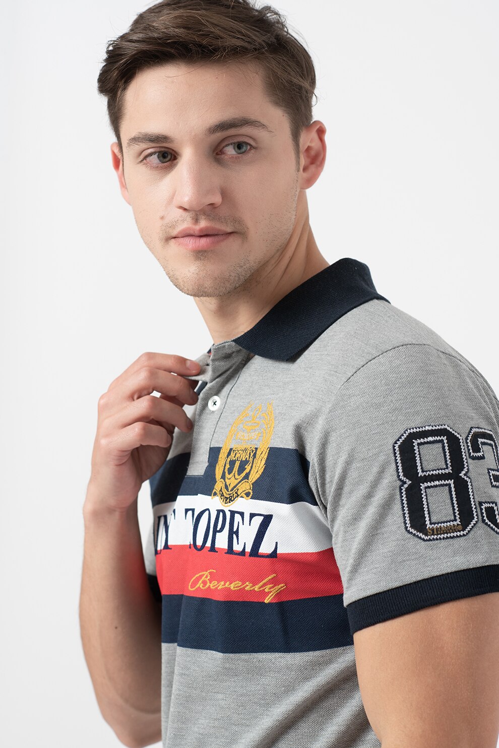 Geographical Norway, Tricou polo cu imprimeu text contrastant Kabasse, Gri/Bleumarin/Rosu, L