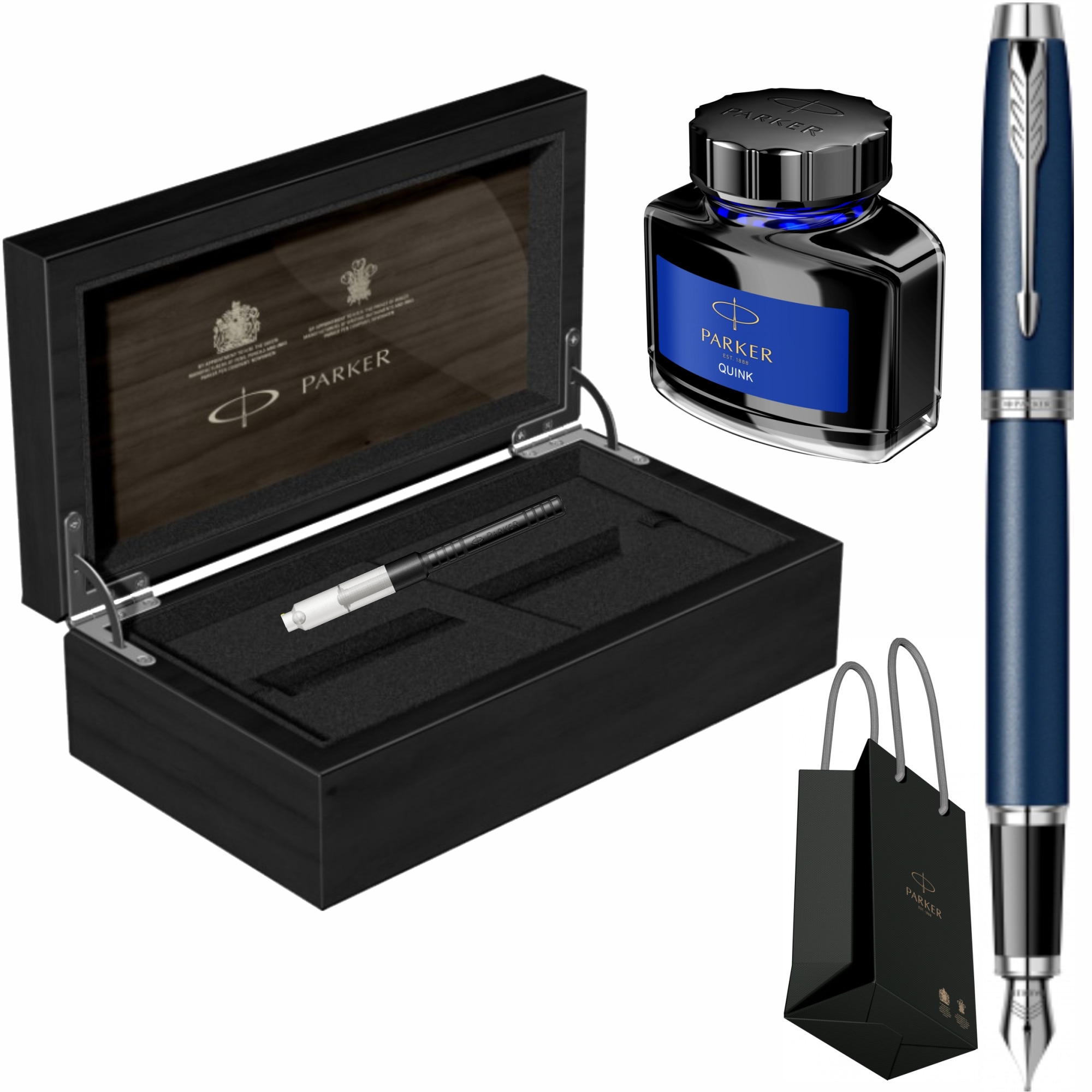 Set Parker Stilou IM Royal Matte Blue CT Personalizat prin Gravura Laser cu convertor functional, calimara cerneala, cutie de lemn si punga