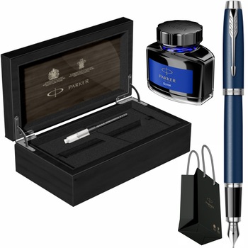 Set Parker Stilou IM Royal Matte Blue CT Personalizat prin Gravura Laser cu convertor functional, calimara cerneala, cutie de lemn si punga Set Parker Stilou IM Royal Matte Blue CT Personalizat prin Gravura Laser cu convertor functional, calimara cerneala, cutie de lemn si punga