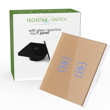Intrerupator Touch Techstar® TG02, Sticla Securizata, Design Modern, Iluminare LED, 2 Faze, Auriu Intrerupator Touch Techstar® TG02, Sticla Securizata, Design Modern, Iluminare LED, 2 Faze, Auriu