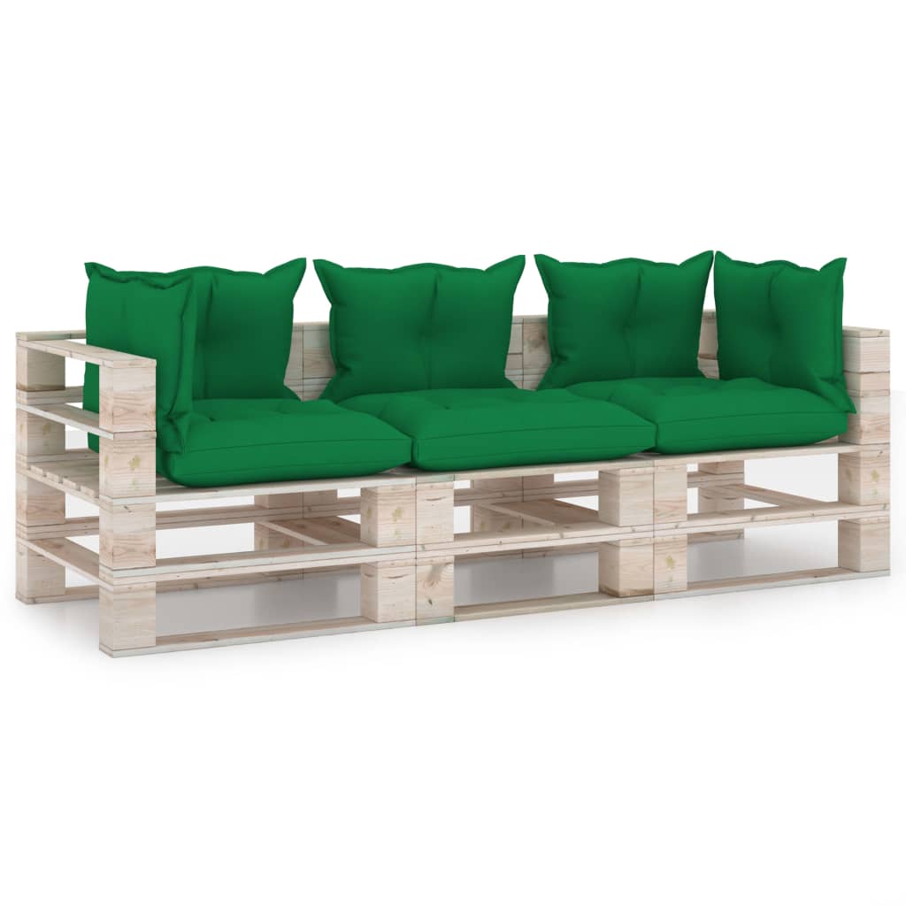 Canapea de gradina din paleti cu 3 locuri cu perne colorate, vidaXL, Lemn, 70 x 67.5 x 62 cm, Verde