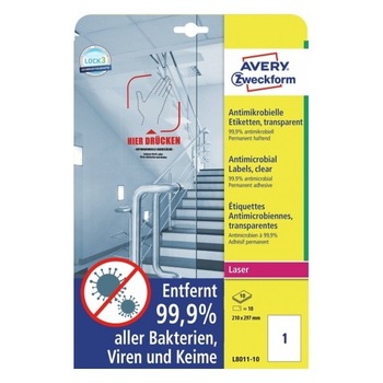 Etichete antimicrobiene Avery Zweckform L8011-10, transparent, 1/A4, dimensiuni 210x297 mm, 10 coli/top Etichete antimicrobiene Avery Zweckform L8011-10, transparent, 1/A4, dimensiuni 210x297 mm, 10 coli/top