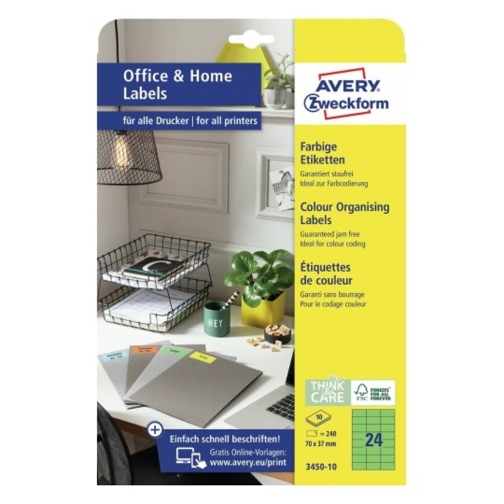 Etichete autoadezive Avery Zweckform 3450-10, verde, 24/A4, dimensiuni 70x37 mm, 10 coli/top