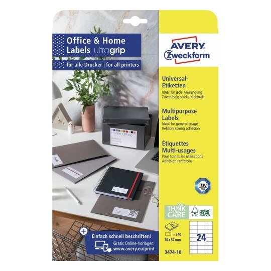 Etichete autoadezive Avery Zweckform 3474-10, 24/A4, dimensiune 70x37 mm, 10 coli/top
