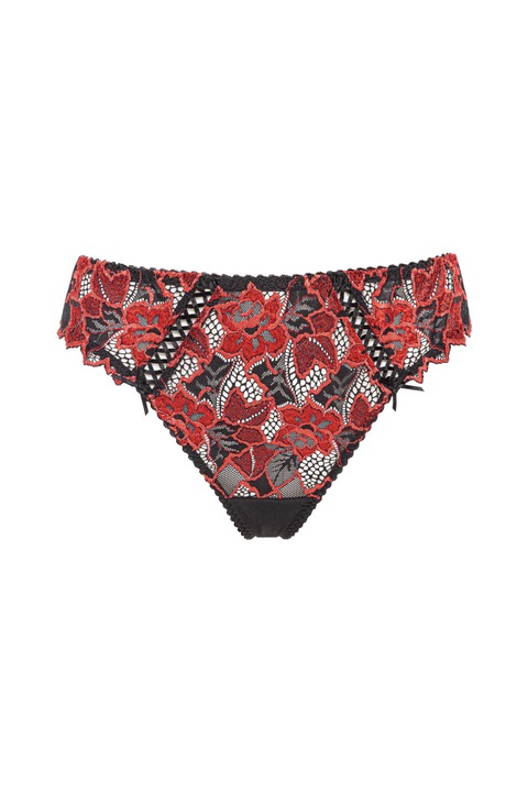 Chiloti model brazilian de colectie frantuzeasca din dantela si microfibra, S Complexe Arum Diva, Rosu/Negru
