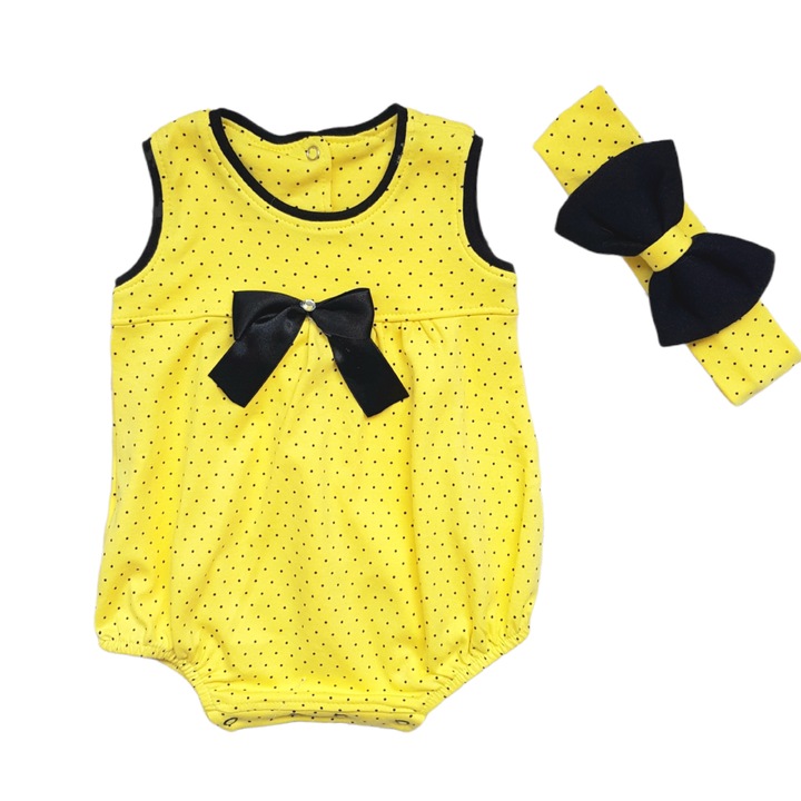 Salopeta romper de vara cu bentita, bumbac, buline, Negru/Galben