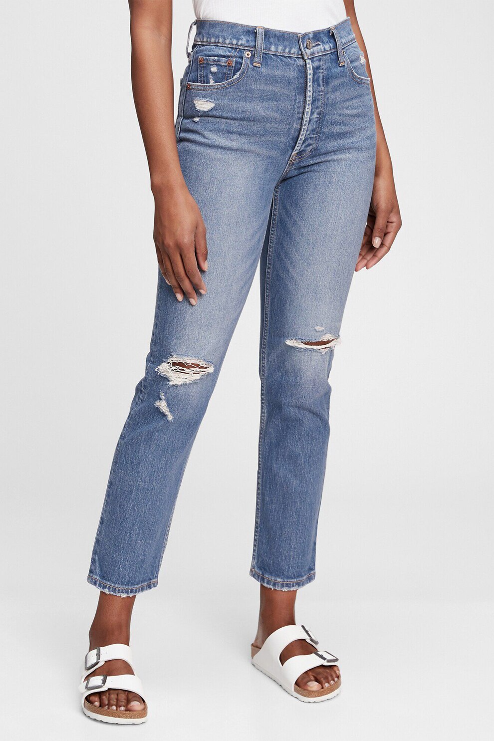 GAP, Blugi crop mom fit cu rupturi decorative, Albastru prafuit/Alb