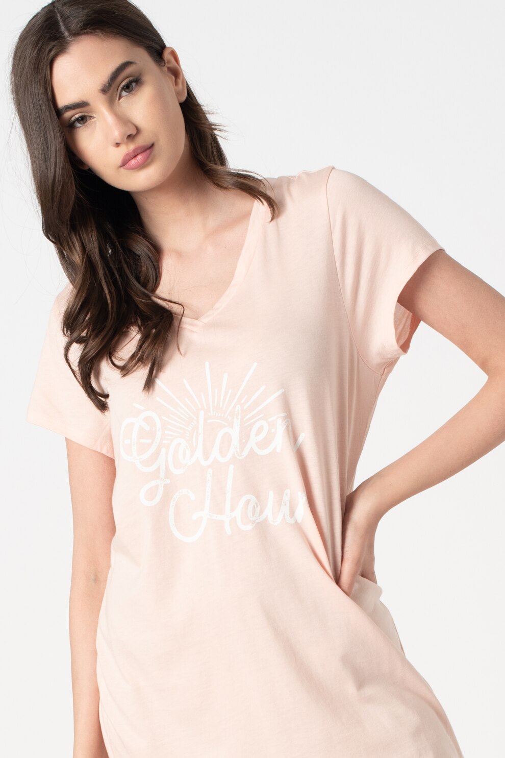 GAP, Camasa de noapte din amestec de modal cu imprimeu, Roz pal, XS