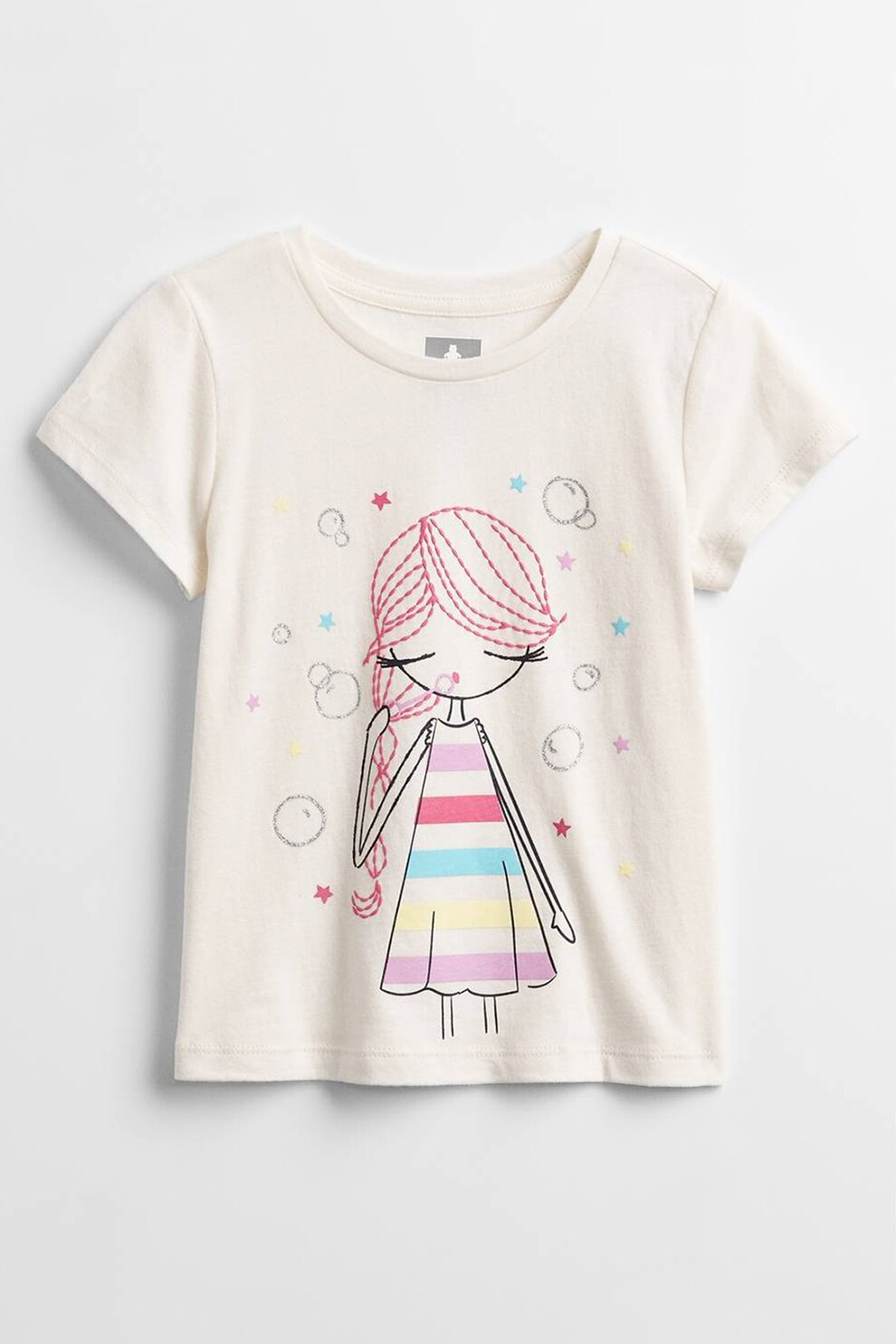 GAP, Tricou cu decolteu la baza gatului si imprimeu grafic, roz piersica, corai, albastru aqua