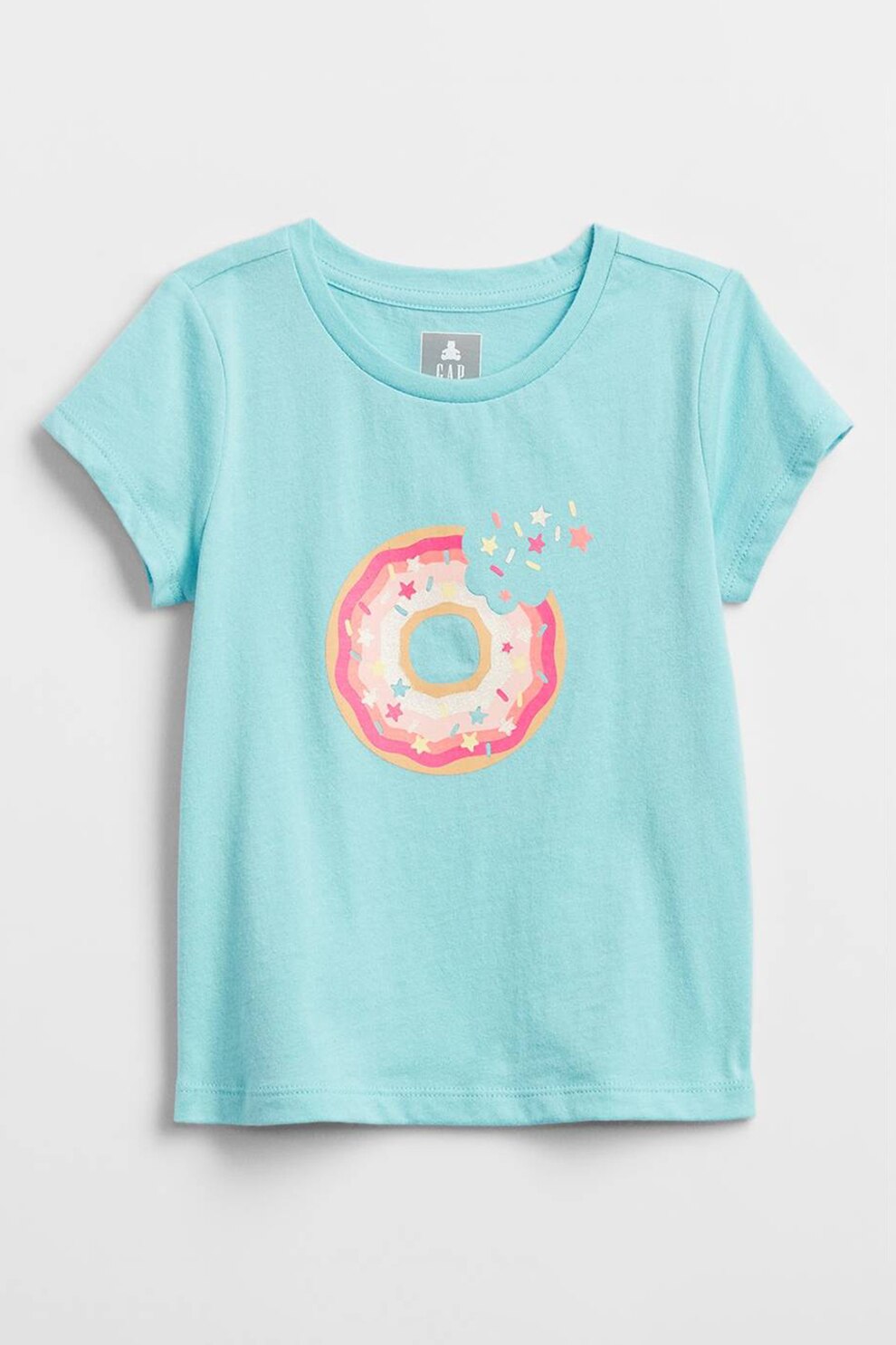 GAP, Tricou cu decolteu la baza gatului si imprimeu grafic, Albastru aquamarin/roz/alb