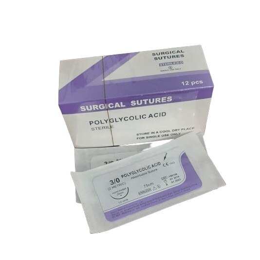 Fire de sutura, 12 buc, PGA , USP 3/0, 75 cm, curbura 1/2, ac rotund de 20 mm