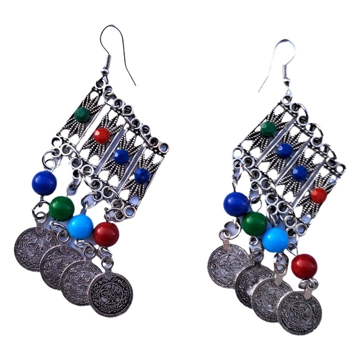 Cercei argintii, stil boho, cu banuti, Ringvi C1, Pursehuit