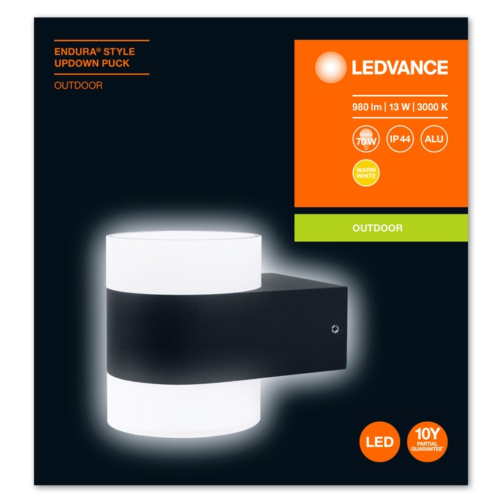 Aplica Led Ledvance Endura Style Puck, 131X91x110 mm, 13W, lumina calda (3000K), 980lm, IP44, Aluminiu/PMMA, Gri Antracit