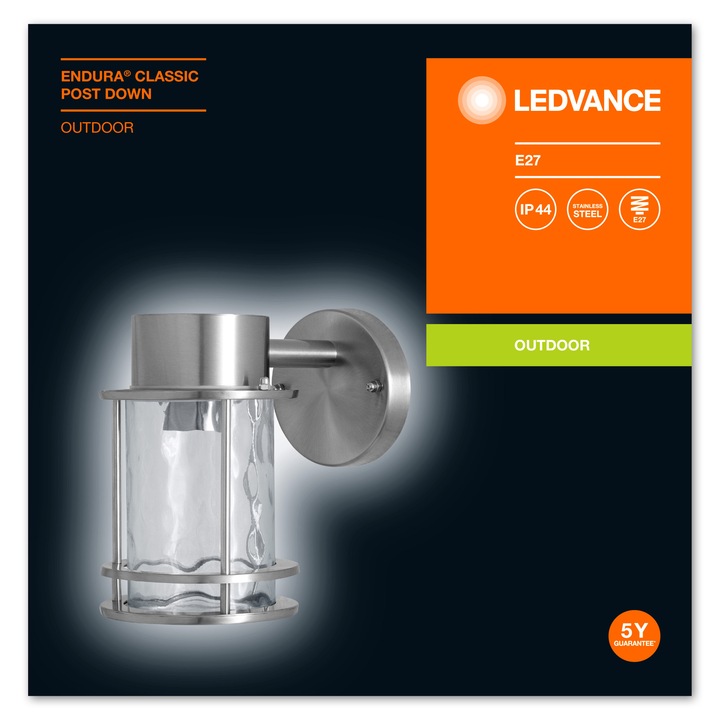Външен аплик Ledvance Endura Classic Post Down, 212x127x195 мм, 1xE27, максимум 60W, 220-240V, IP44, Неръждаема стомана