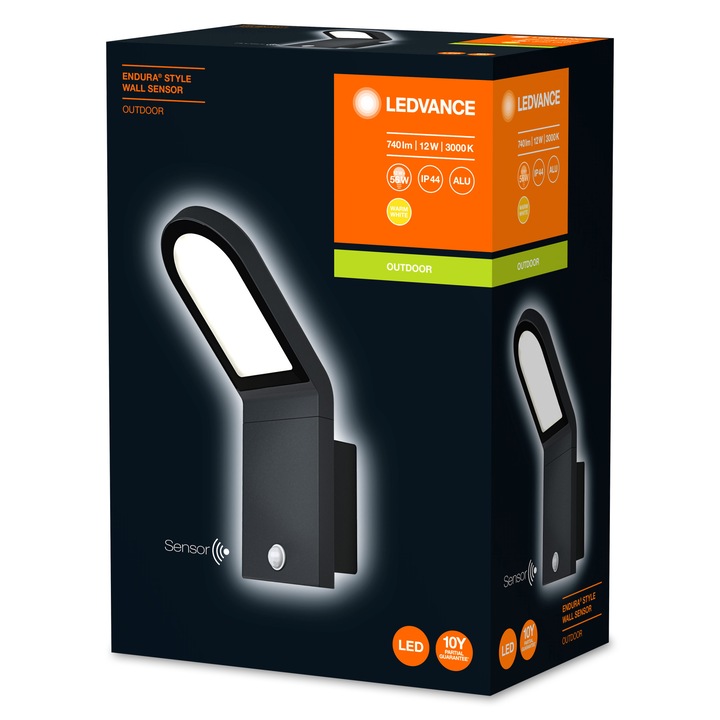Aplica Led Ledvance Endura Style Wall Sensor, cu senzor de miscare/lumina, 168x100x273 mm, 12W, lumina calda (3000K), 740lm, IP44, Aluminiu,Gri Antracit