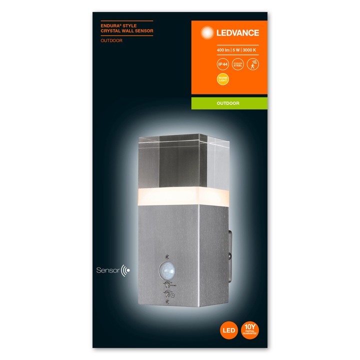 Aplica Led Ledvance Endura Style Crystal, cu senzor lumina/miscare, 20 cm, 5W, lumina calda (3000K), 400lm, IP44, Otel