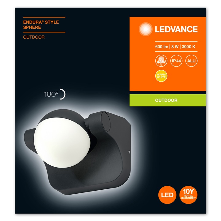 Led лампа Ledvance Endura Style Sphere, със сензор за светлина/движение, 105x114x89 mm, 8W, топла светлина (3000K), 600lm, IP44, Алуминий/Поликарбонат, Черен
