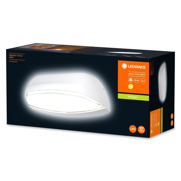 Led лампа Ledvance Endura Style Wide, със сензор за движение, 86x210x90 mm, 12W, топла светлина (3000K), 530lm, IP44, Алуминий/Поликарбонат, Бял